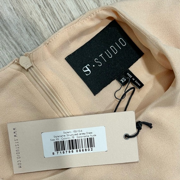 NWT STStudio Structured Jersey Dress 3/4 Sleeve Beige Pencil Knee Length Size XS - Picture 4 of 11